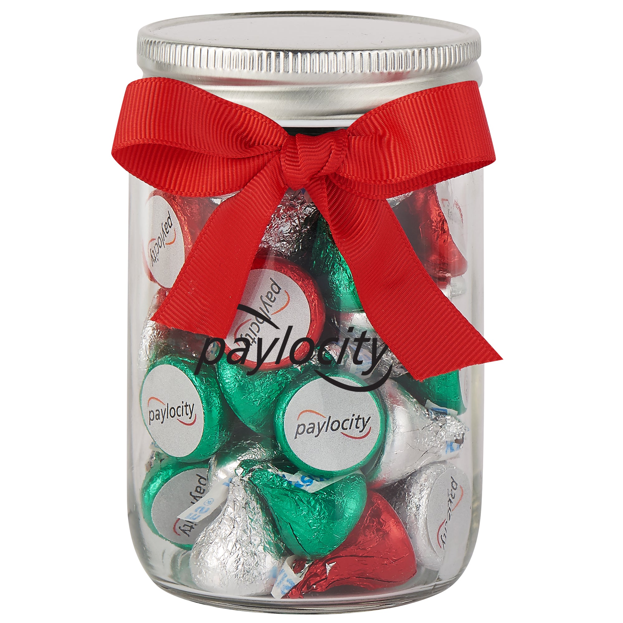 12 oz Glass Mason Jars with Satin Bow filled with Hershey Kisses with logo sticker on bottom