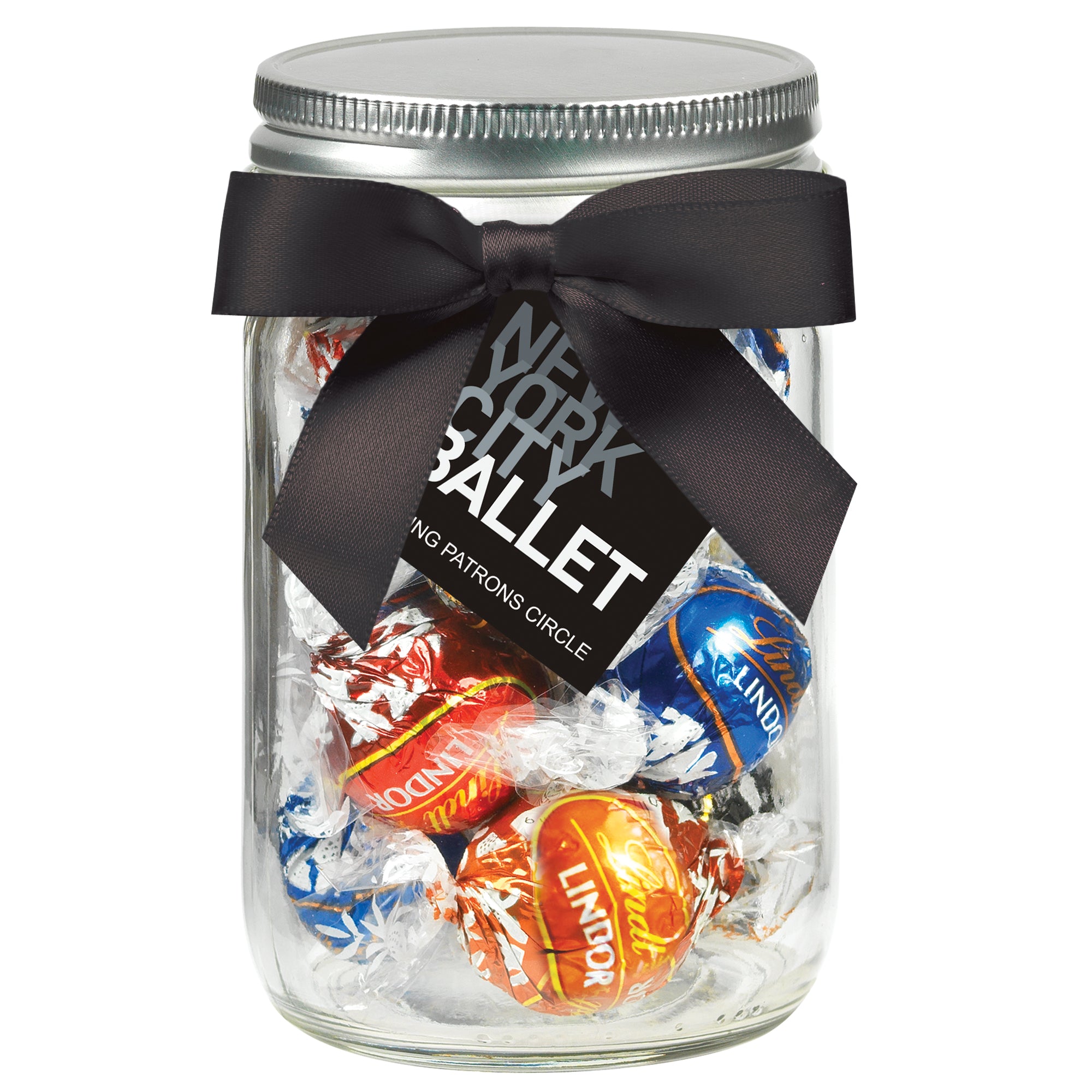 12 oz Glass Mason Jars with Satin Bow filled with Lindt Truffle Assortment