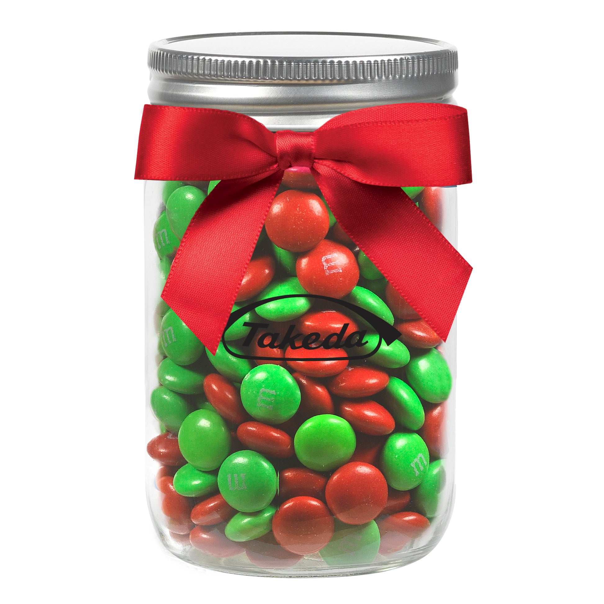 12 oz Glass Mason Jars with Satin Bow filled with M&M's
