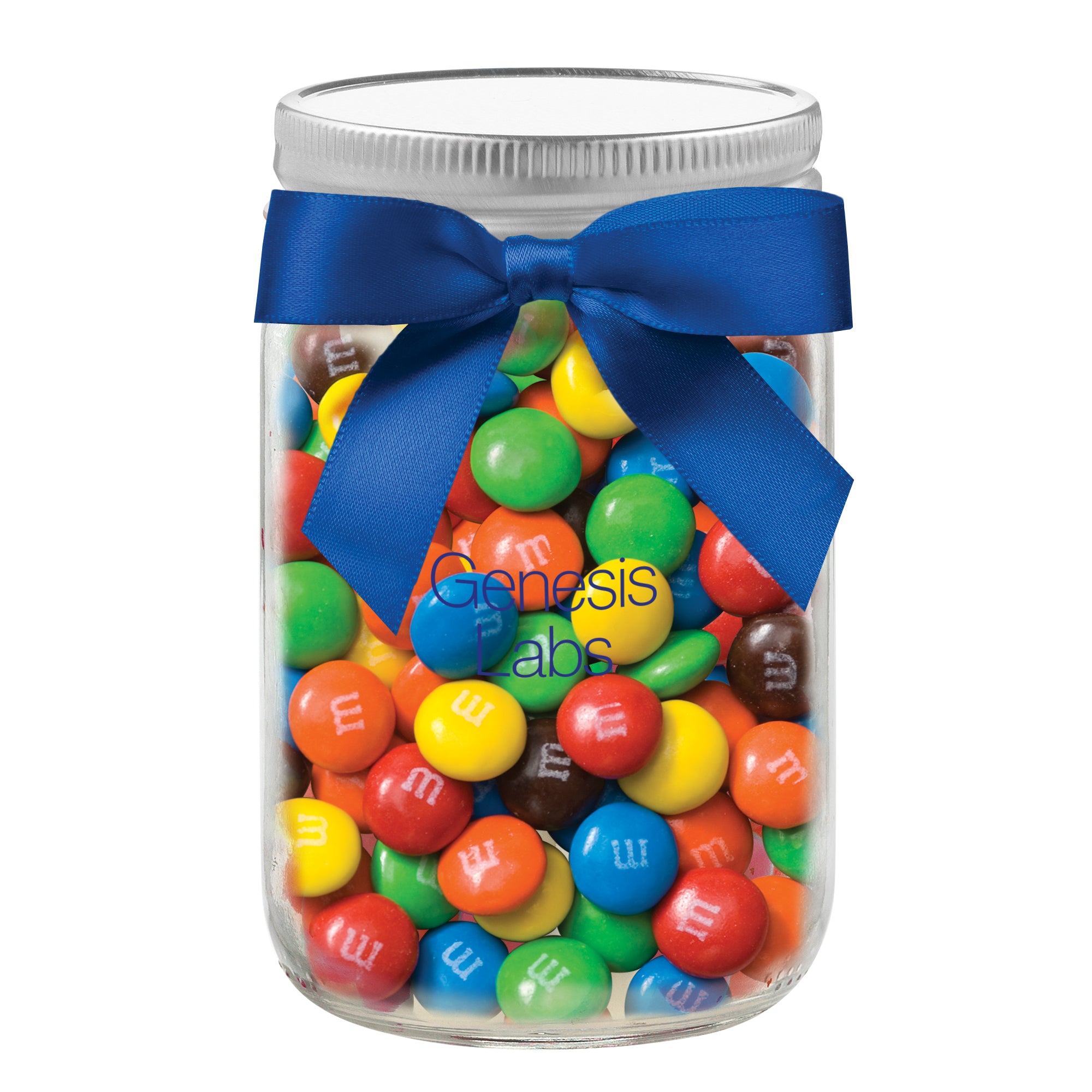 12 oz Glass Mason Jars with Satin Bow filled with M&M's