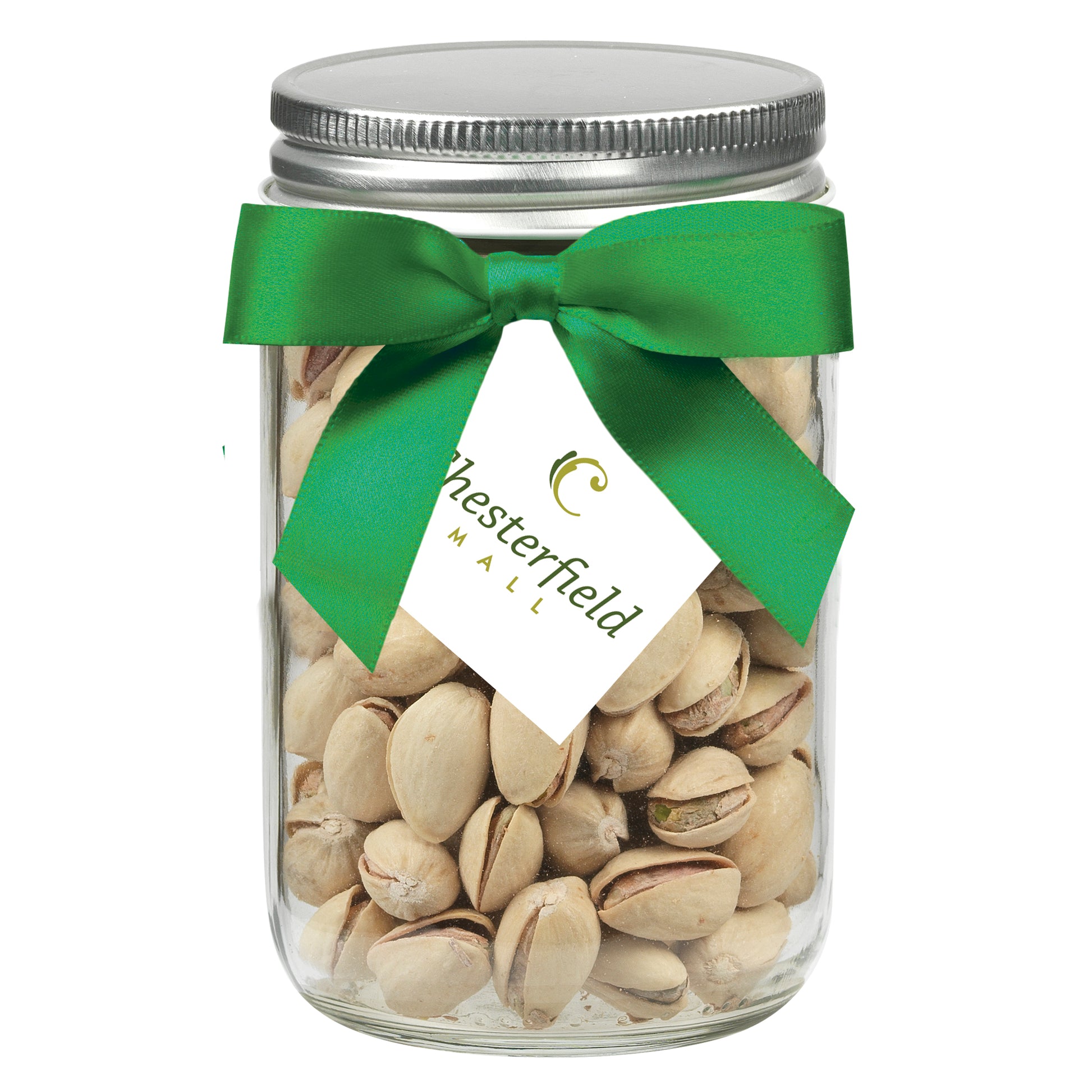 12 oz Glass Mason Jars with Satin Bow filled with Pistachios