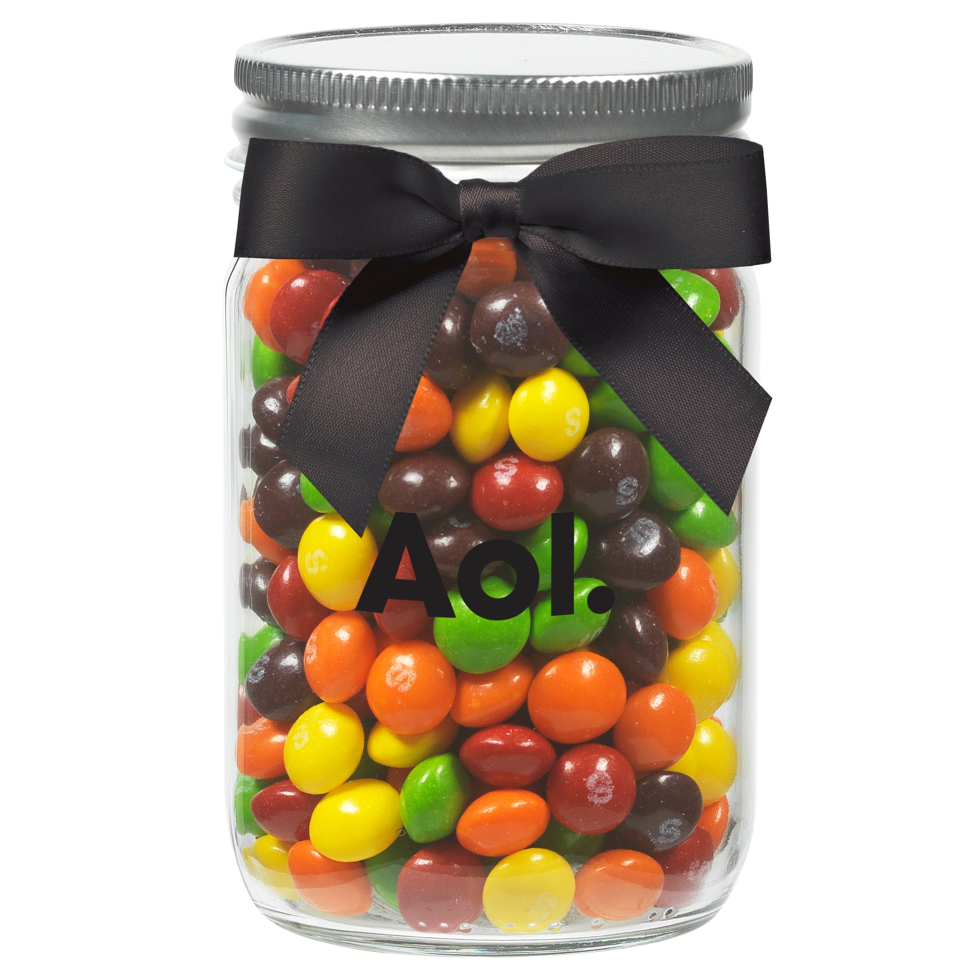 12 oz Glass Mason Jars with Satin Bow filled with Skittles